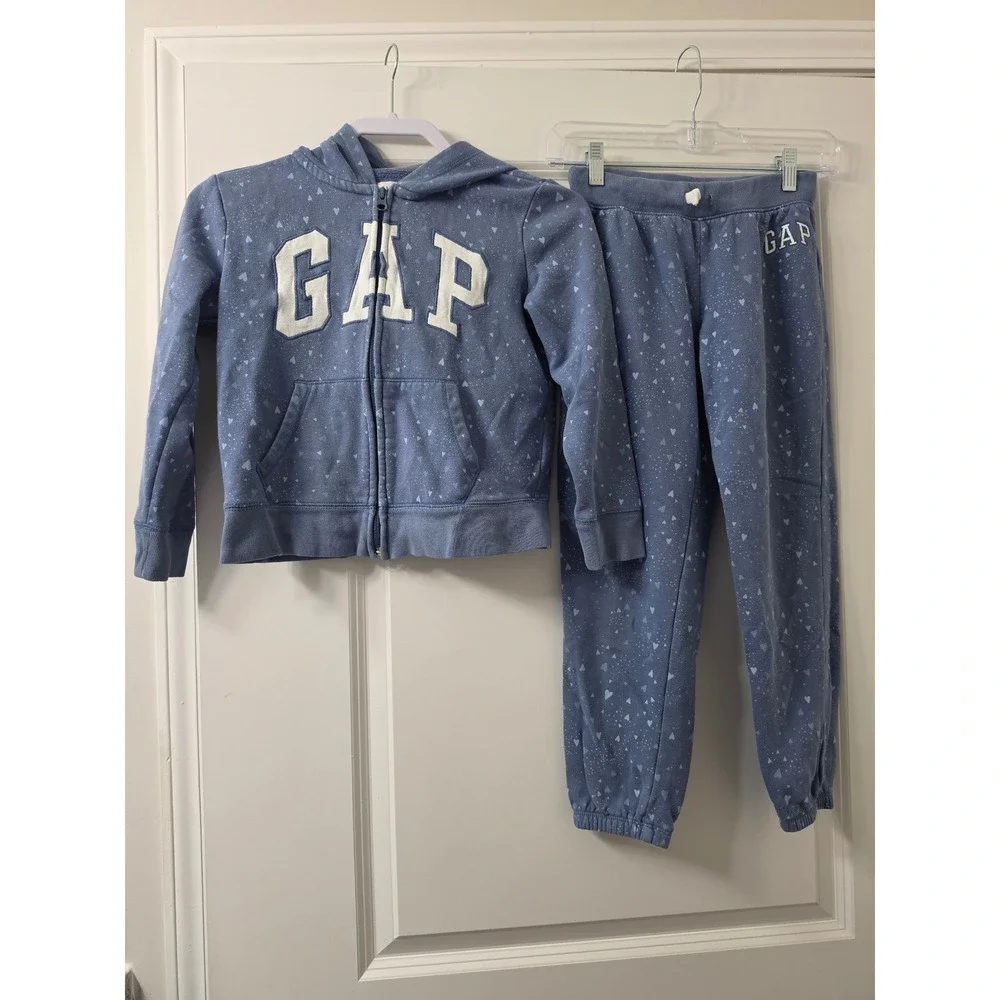 Gap Kids Blue Heart Print Tracksuit Set Zip Hoodie M 8 Joggers L 10 2PC Outfit